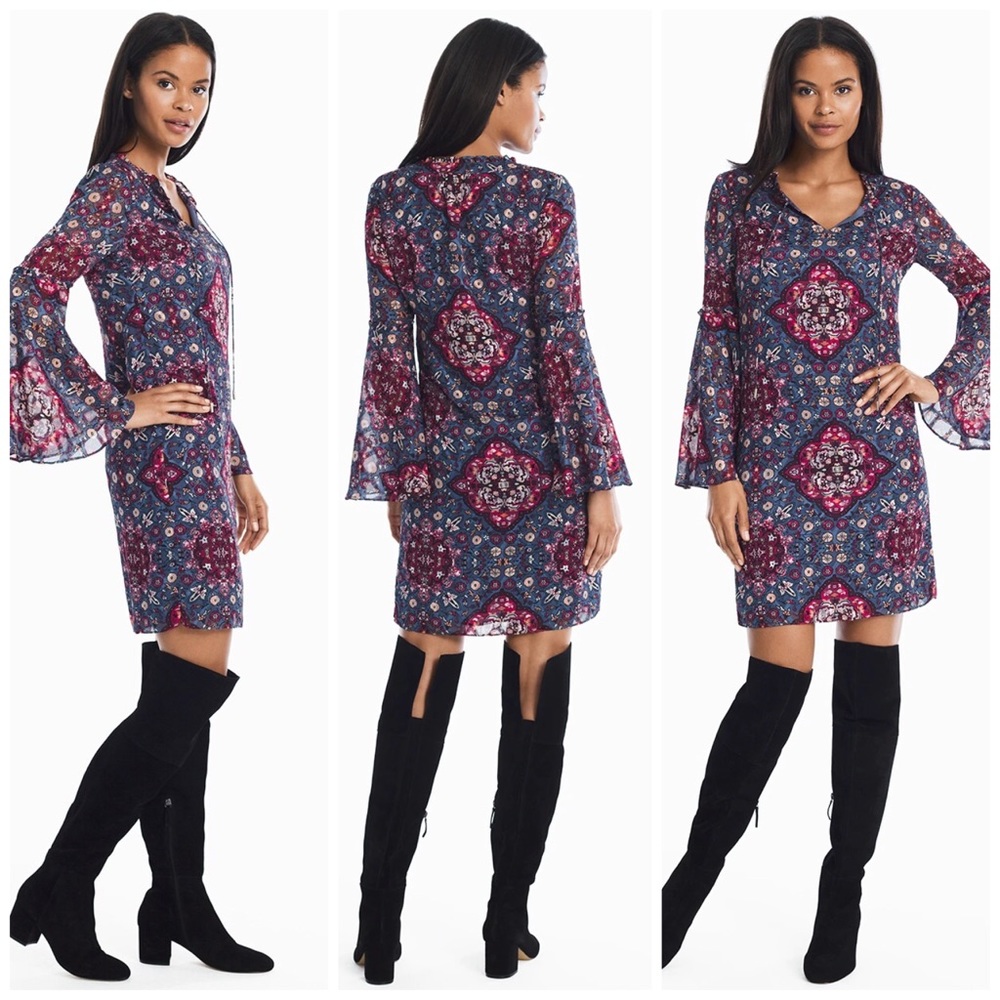 WHBM Bell Sleeve Medallion Print Dress Size XS - Picture 1 of 16